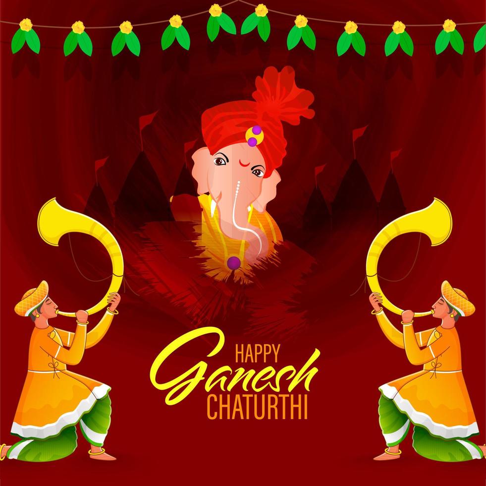 ilustración de maharashtrian hombres soplo Tutari cuerno con señor ganpati cara y templo en rojo cepillo carrera antecedentes para contento ganesh chaturthi. vector