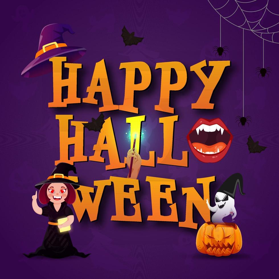Happy Halloween Text with Monster Mouth, Cartoon Ghost, Jack-O-Lanterns, Hand Holding Magic Wand and Cheerful Witch on Purple Background. vector