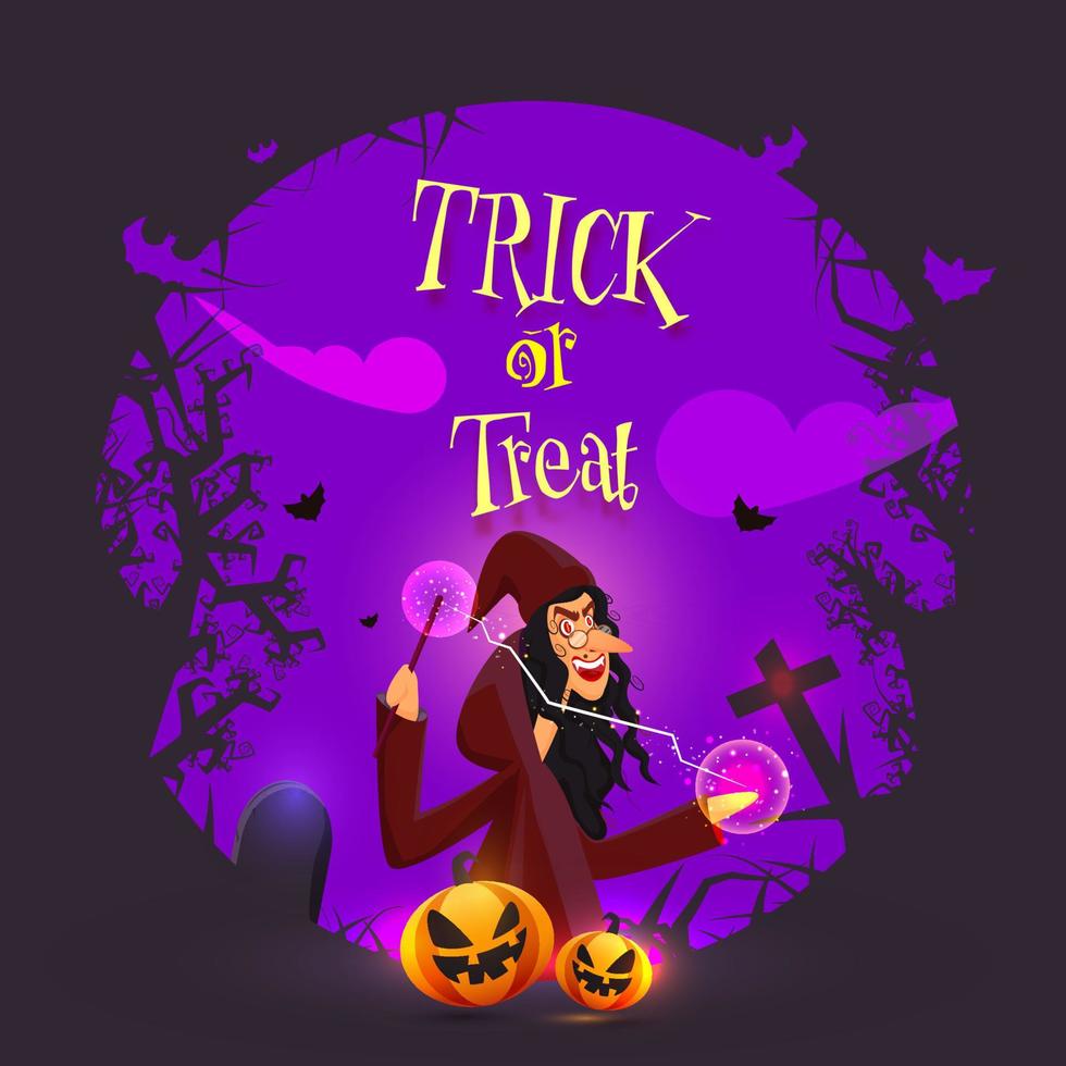 Cartoon Witch Doing Magic with Wand and Jack-O-Lanterns on Purple Graveyard Background for Trick OR Treat. vector