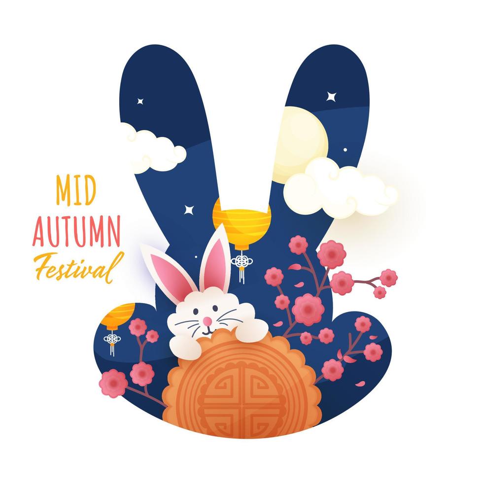 Mid Autumn Festival Font with Cartoon Bunny Holding Mooncake, Sakura Flower Branch and Hanging Chinese Lanterns on Full Moon Paper Cut Background. vector