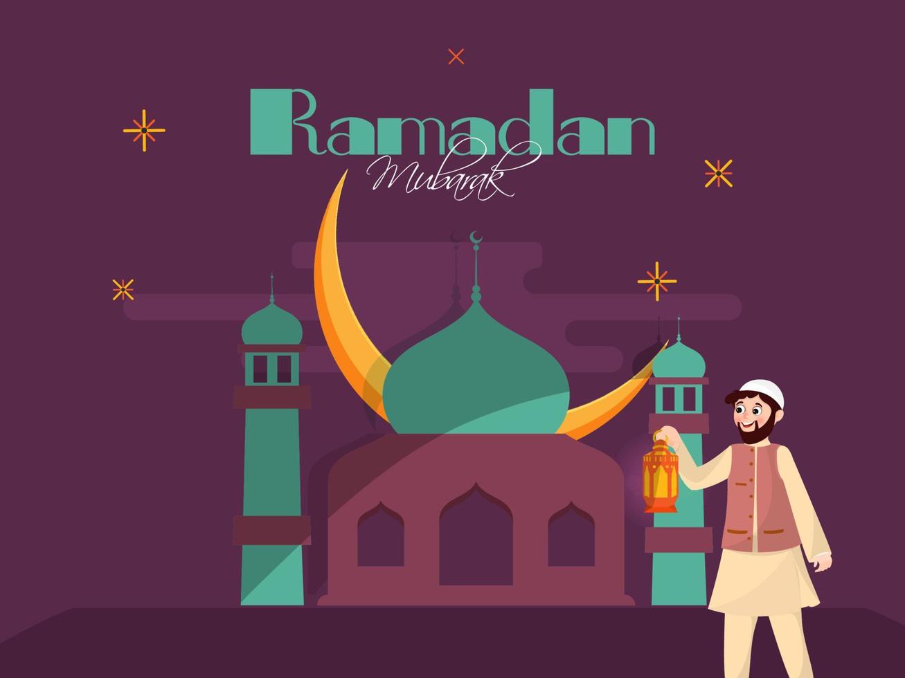 Ramadán Mubarak póster diseño con musulmán hombre participación linterna en frente de mezquita y creciente Luna. vector