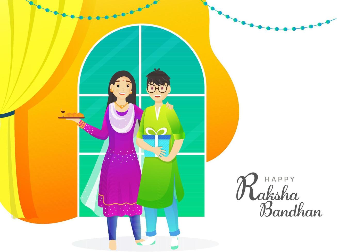Smiley Brother and Sister Celebrating Raksha Bandhan Festival on Abstract Window Background. vector