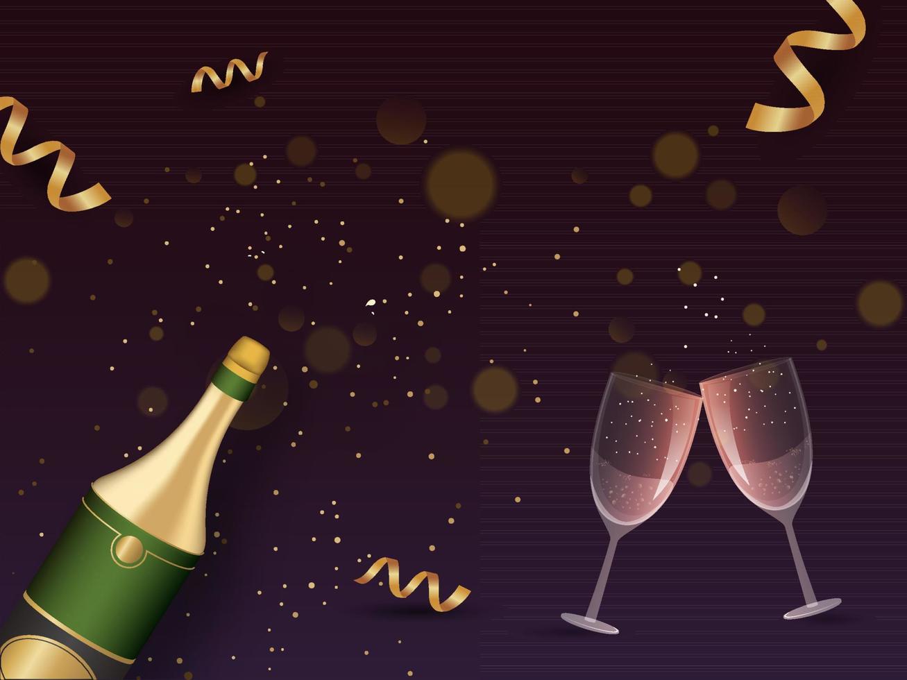 3D Champagne Bottle With Cheers Glasses And Golden Curl Ribbons On Purple Background. vector