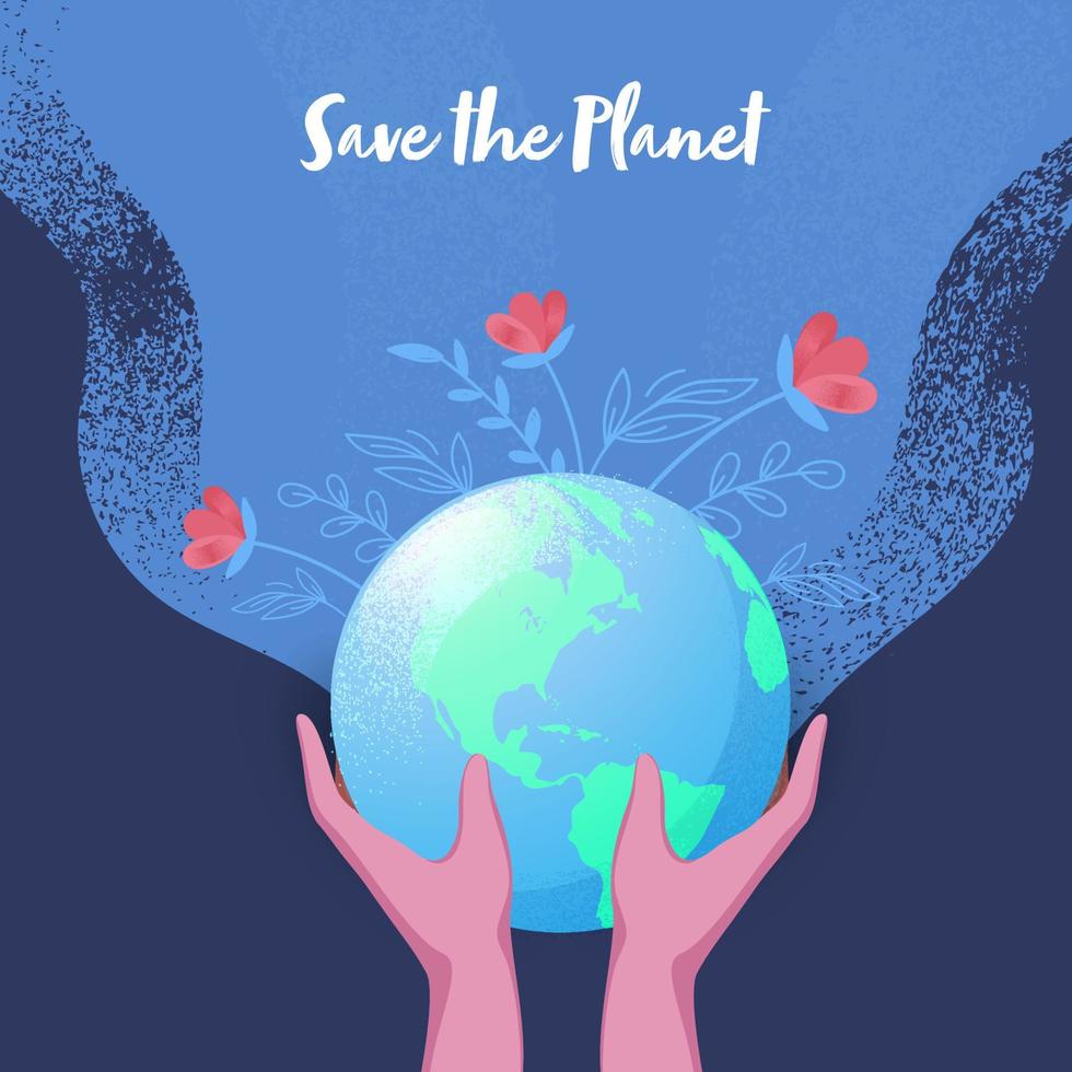 Save The Planet Concept with Human Hands Holding Earth Globe on Blue Noise Effect Background. Can be used as poster design. vector