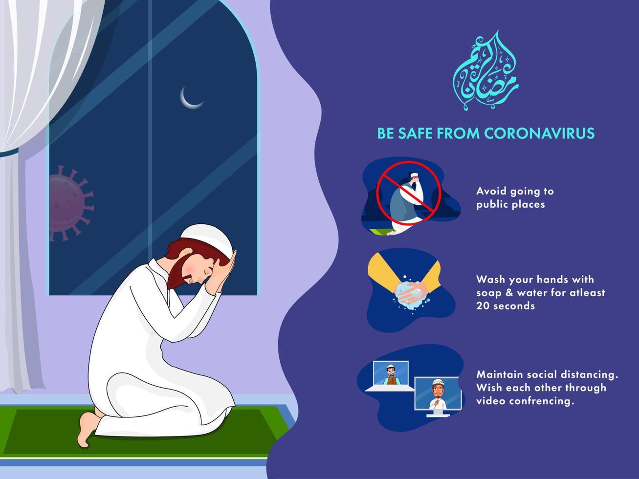 Muslim Man Offering Namaz At Home in Night View for Ramadan Kareem with Coronavirus Prevention like as Avoid Public Place, Wish Each Other Through Video Conferencing, Wash Your Hands. vector