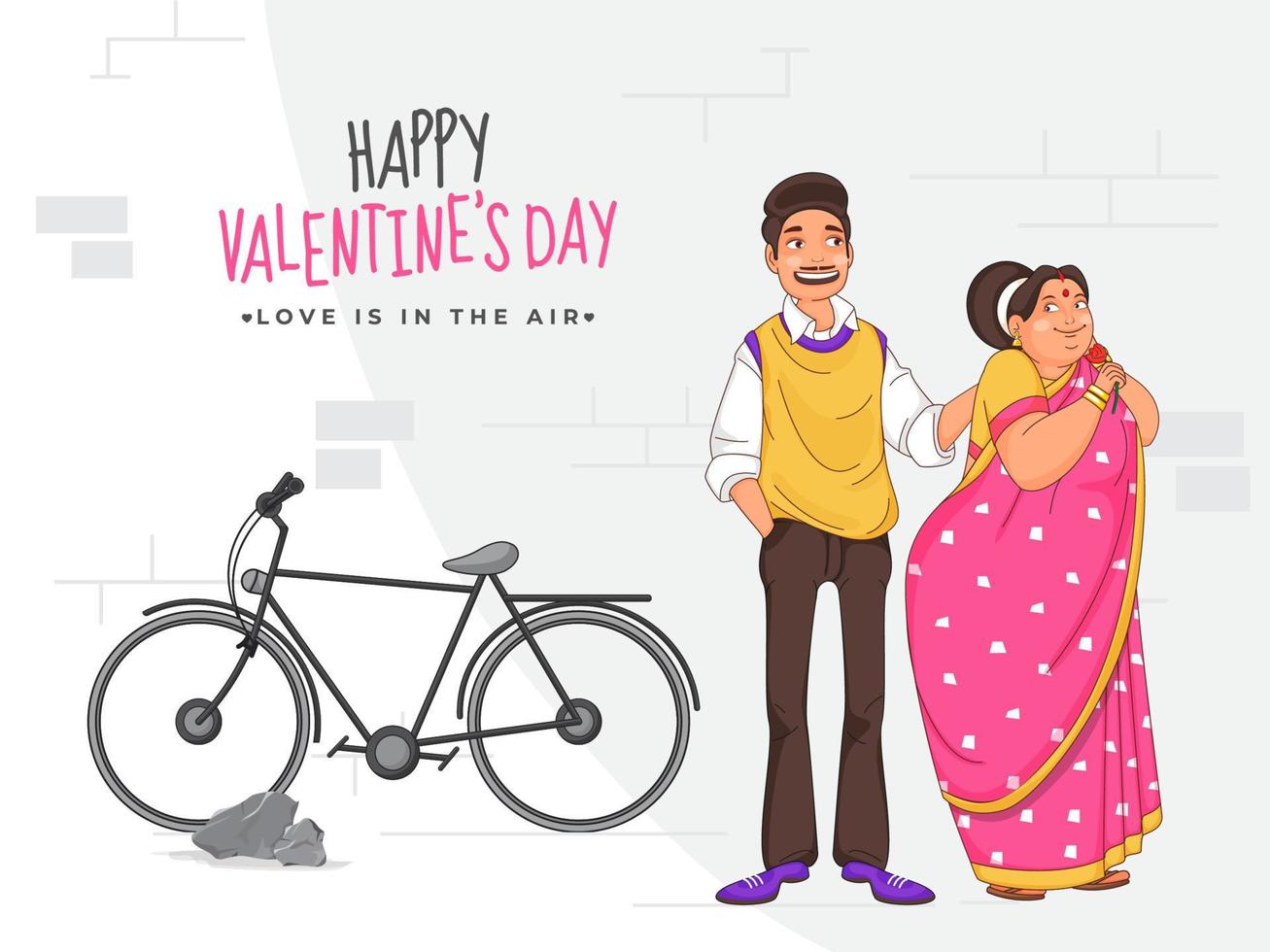 Cartoon Couple Character and Bicycle on White Brick Wall Background for Happy Valentine's Day Concept. vector