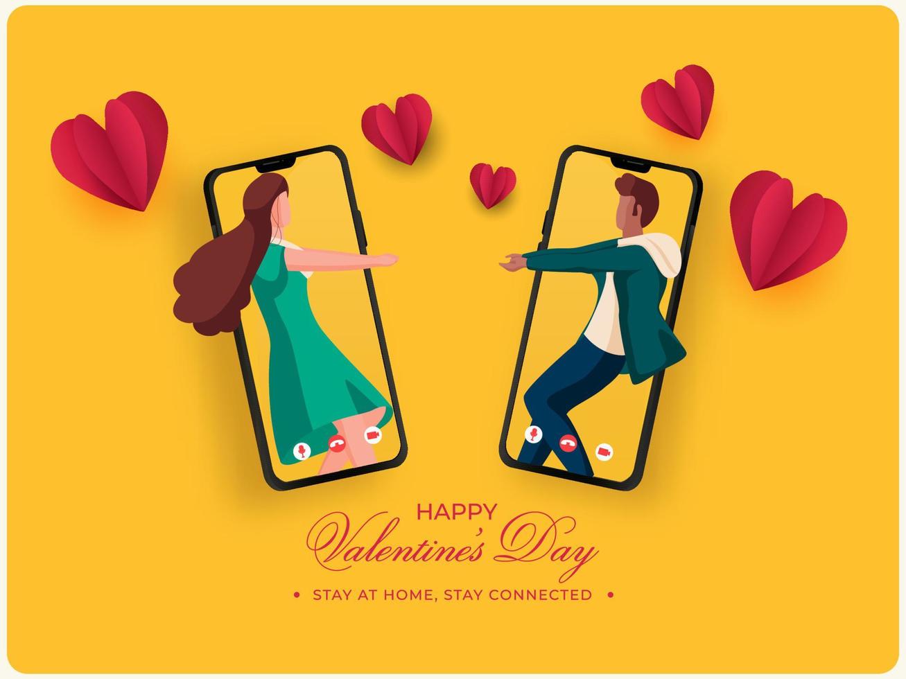 joven Pareja bailando o interactuando mediante vídeo llamada con papel corazones en amarillo antecedentes para contento San Valentín día, permanecer a hogar. vector