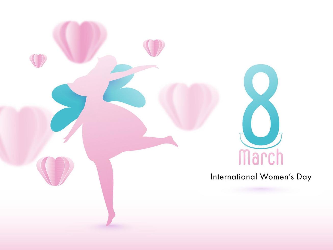 silueta bailando mujer con alas y papel cortar corazones decorado en blanco antecedentes para 8 marzo, internacional De las mujeres día. vector