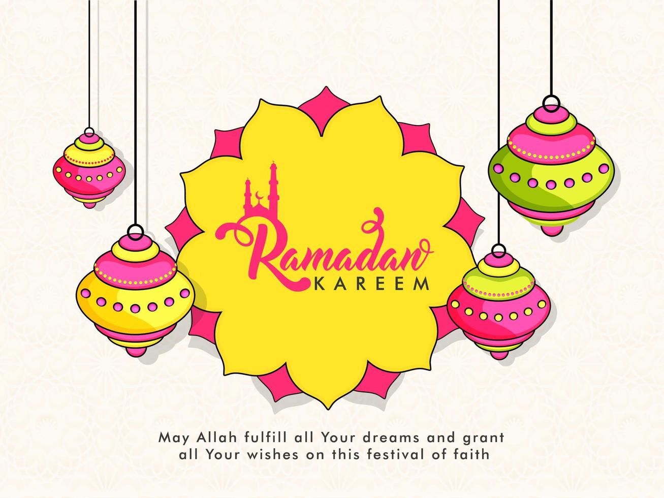 Ramadán kareem fuente en mandala marco con colgando Arábica linternas decorado en islámico modelo antecedentes. vector