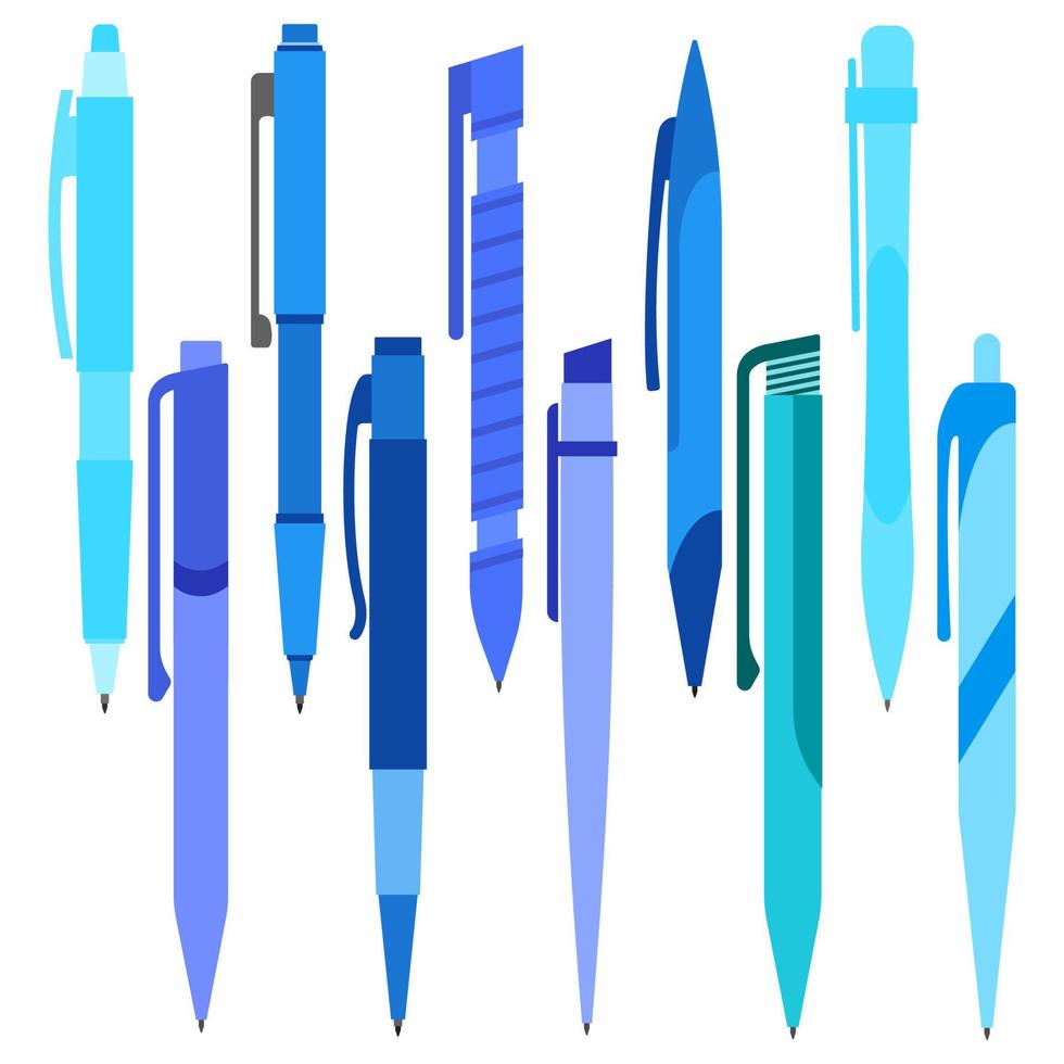 Set of blue pens on a white background. Vector illustration.