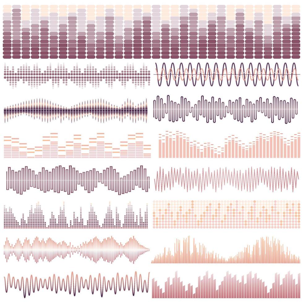 Vector set of fifteen sound waves. Audio equalizer. Sound and audio waves isolated on white background