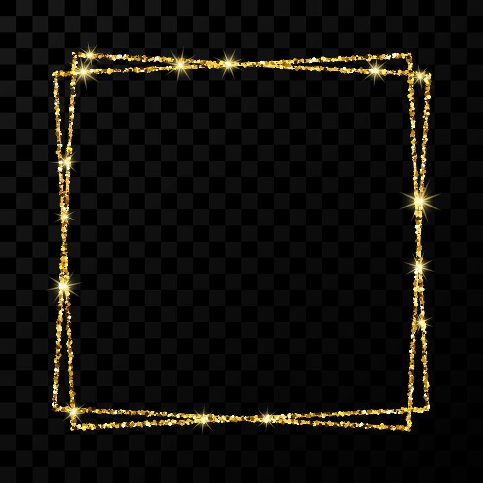 Gold double square frame. Modern shiny frame with light effects isolated on dark vector