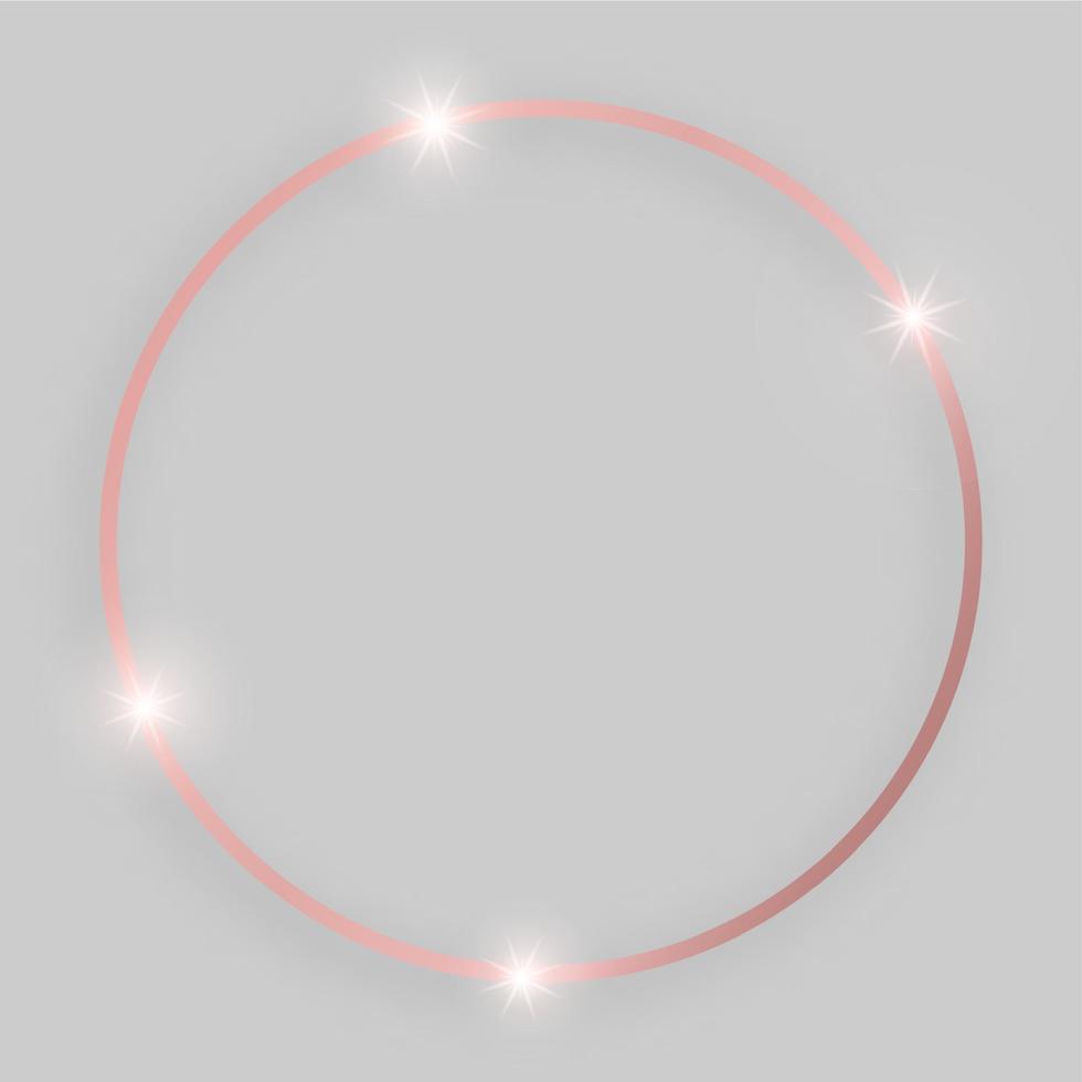 Shiny frame with glowing effects. Rose gold round frame with shadow on grey background. Vector illustration