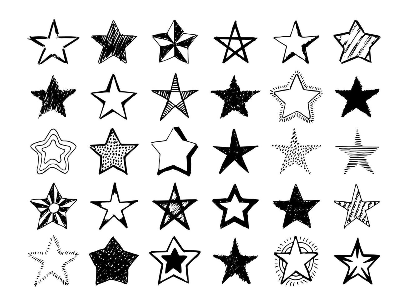 Doodle stars. Set of thirty black hand drawn stars isolated on white background. Vector illustration