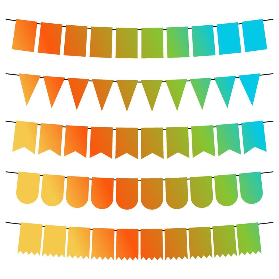 Colorful flags and bunting garlands for decoration. Decor elements with various patterns. Vector illustration