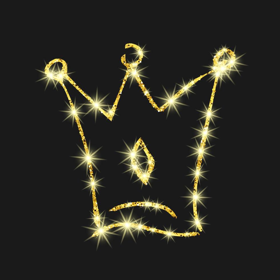 Gold glitter hand drawn crown. Simple graffiti sketch queen or king crown. Royal imperial coronation and monarch symbol isolated on dark background. Vector illustration.