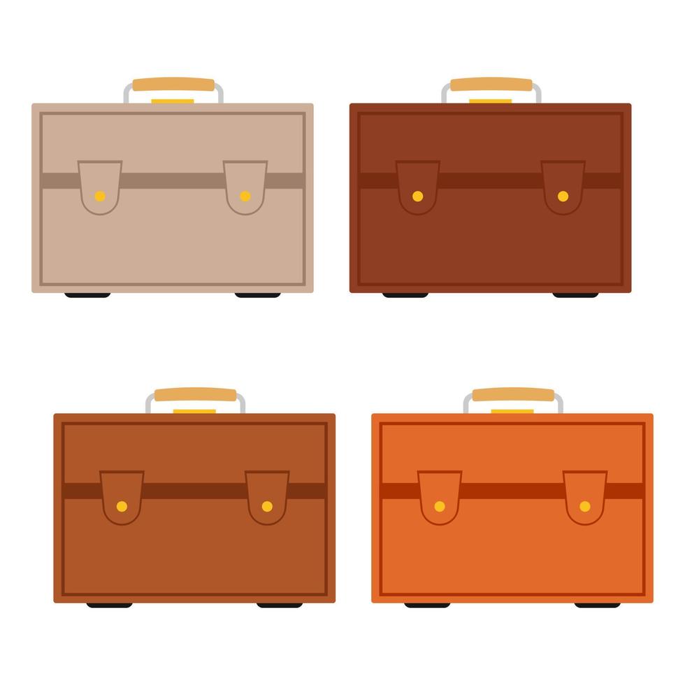 Set of four multicolored travel bag with luggage on white background. Suitcase for journey trip in flat style. Vector illustration