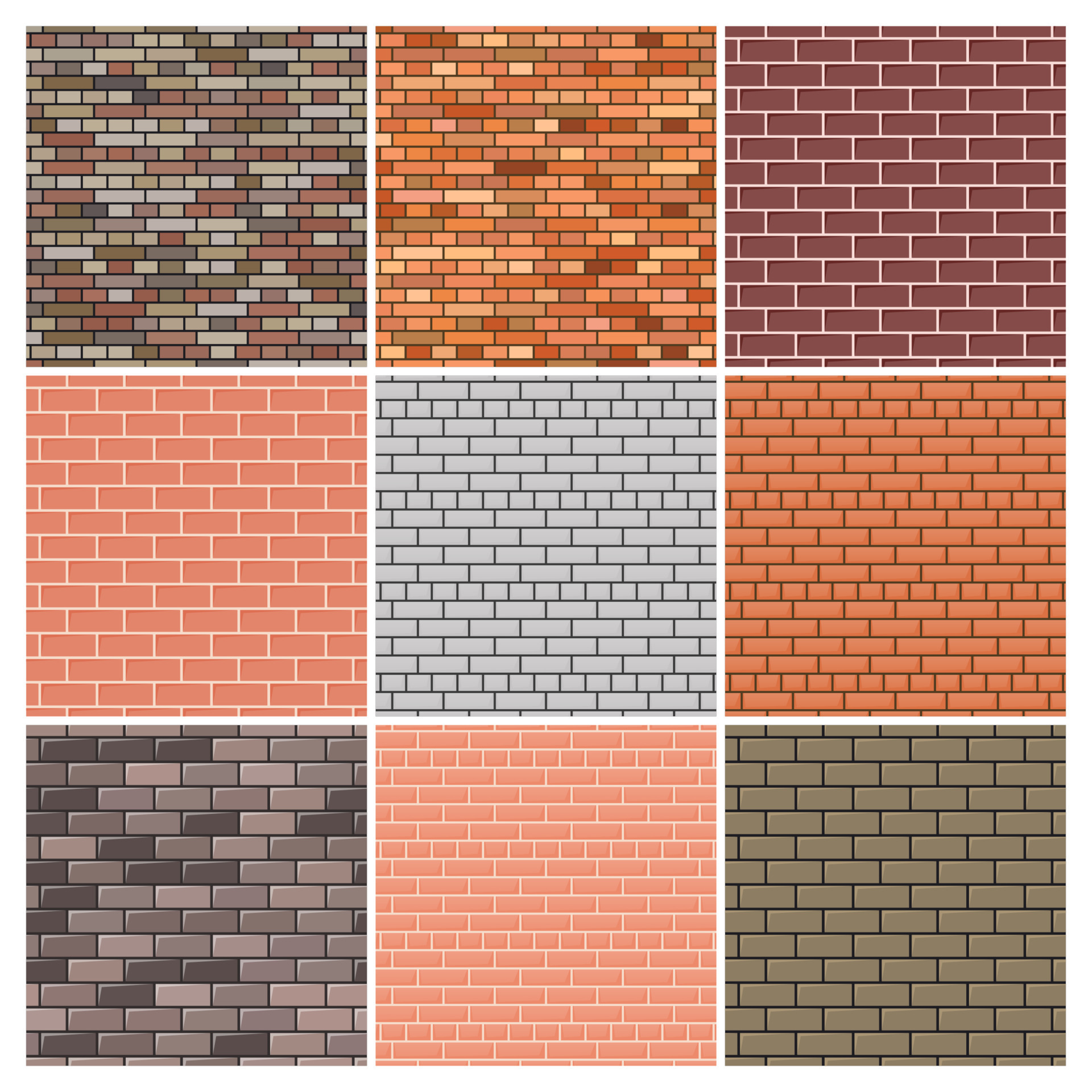 Brick wall. Set of nine red and grey brick wall backgrounds. Vector