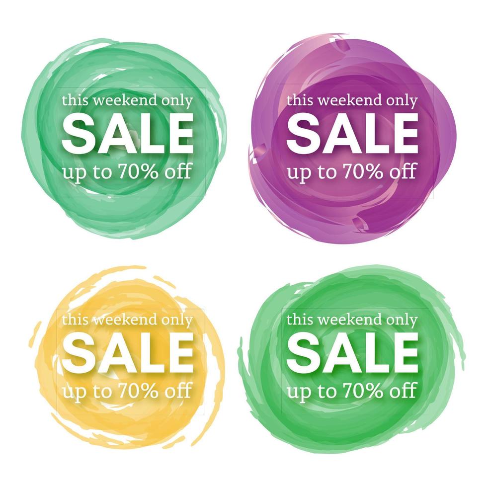 Set of Four Sale this weekend only up to 70 off sign with shadow over red watercolor spot. Vector illustration