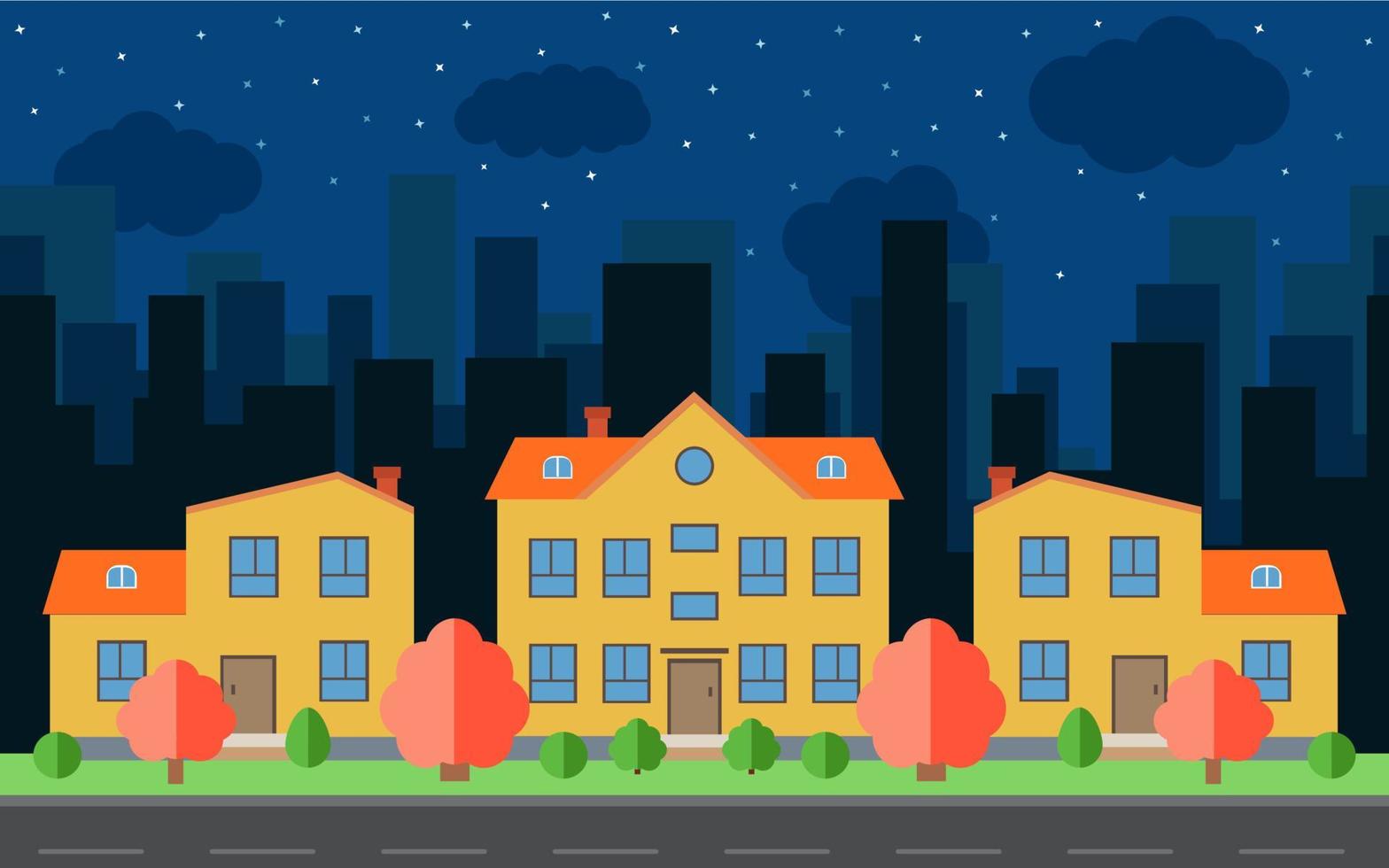 Vector night city with cartoon houses and buildings. City space with road on flat style background concept. Summer urban landscape