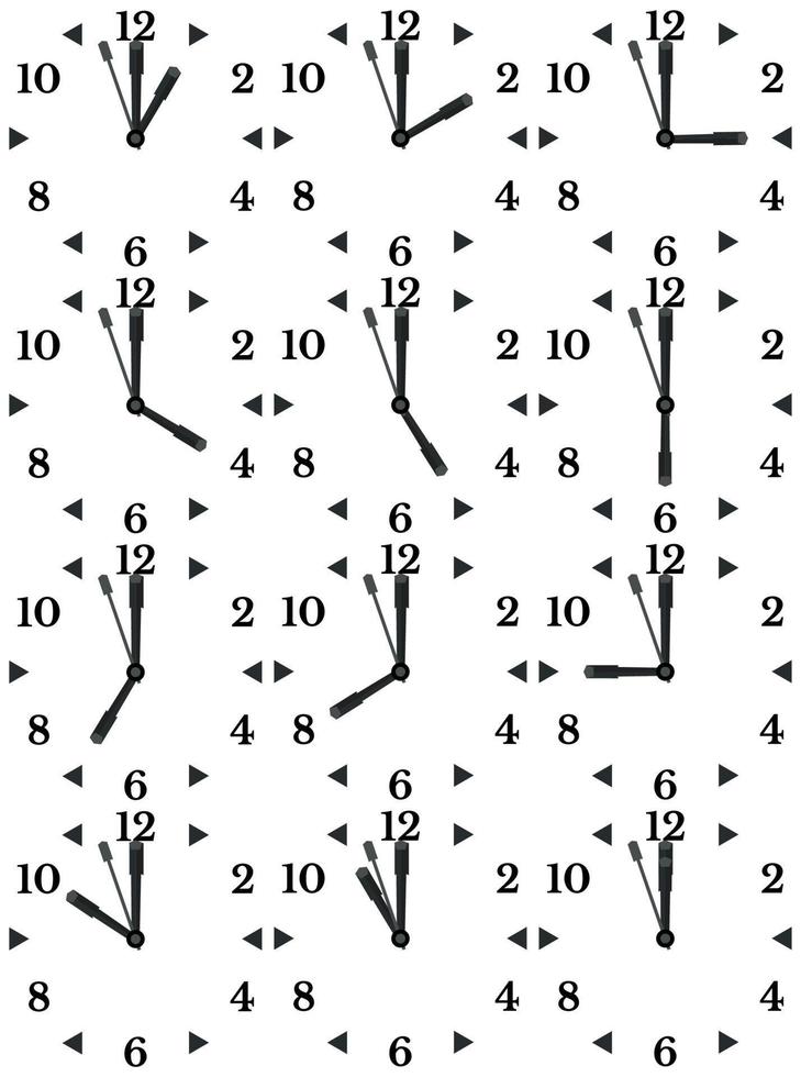 A set of mechanical clocks with an image of each of the twelve hours. Clock face on white background. vector