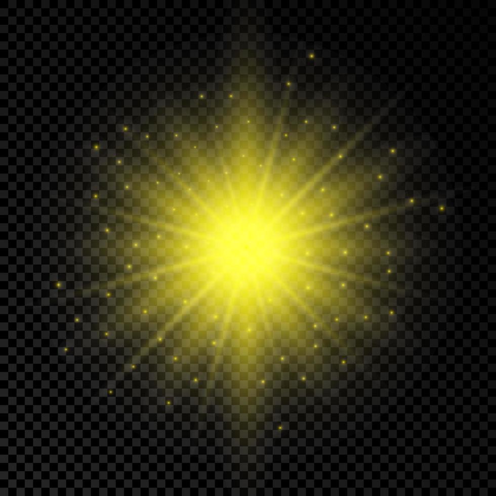 Light effect of lens flares. Yellow glowing lights starburst effects with sparkles on a transparent background. Vector illustration