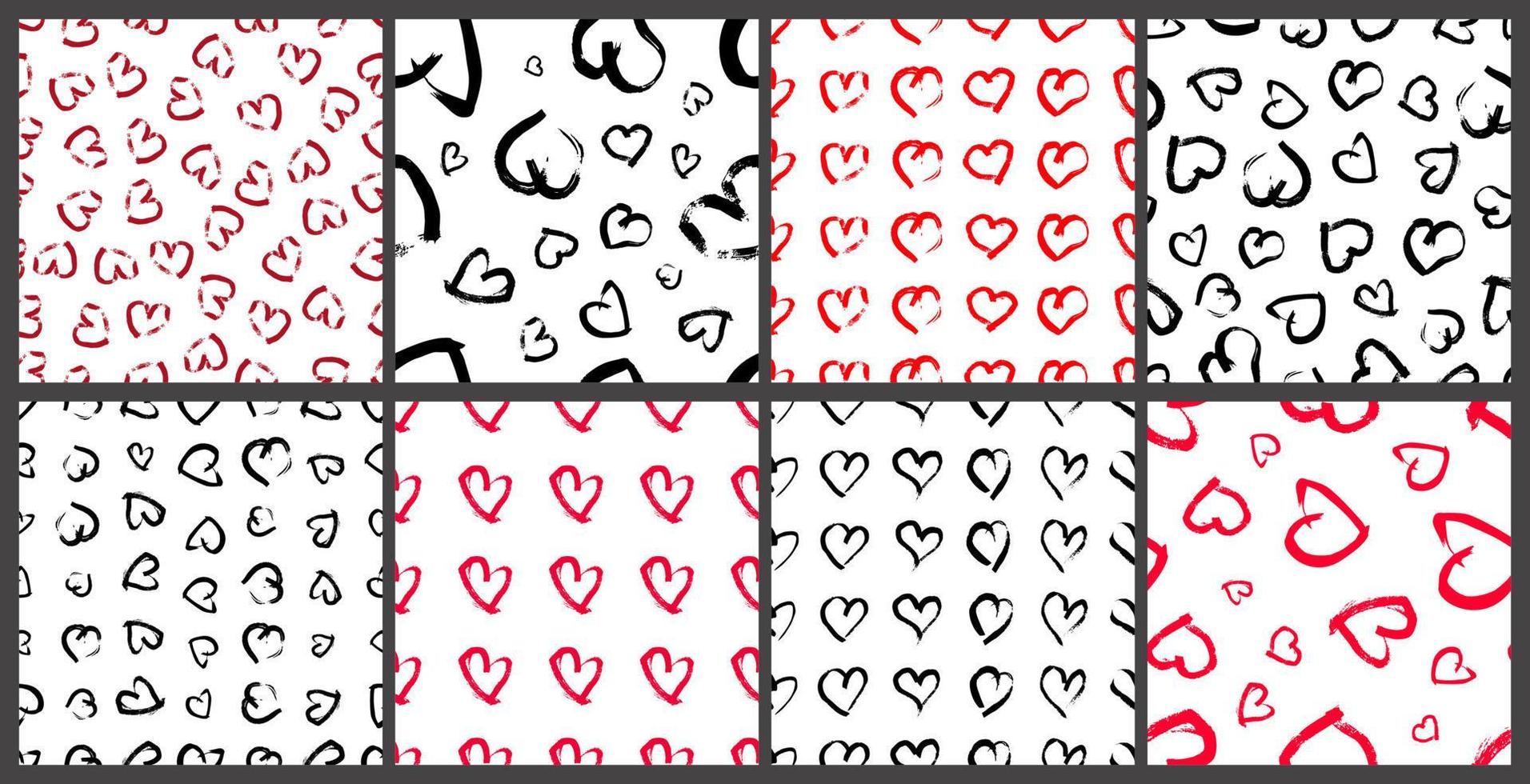 Set of eight seamless pattern with hand drawn hearts. Doodle grunge heart. Vector illustration.