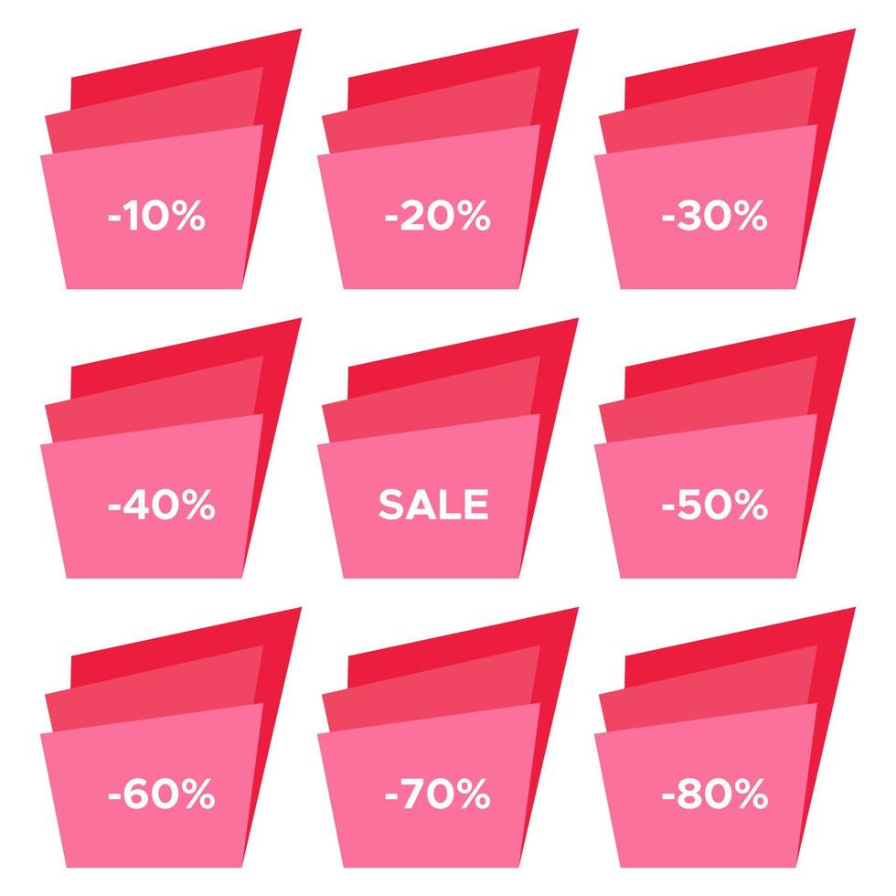 Set of nine sale stickers with different discount values. Sale label template. Vector illustration