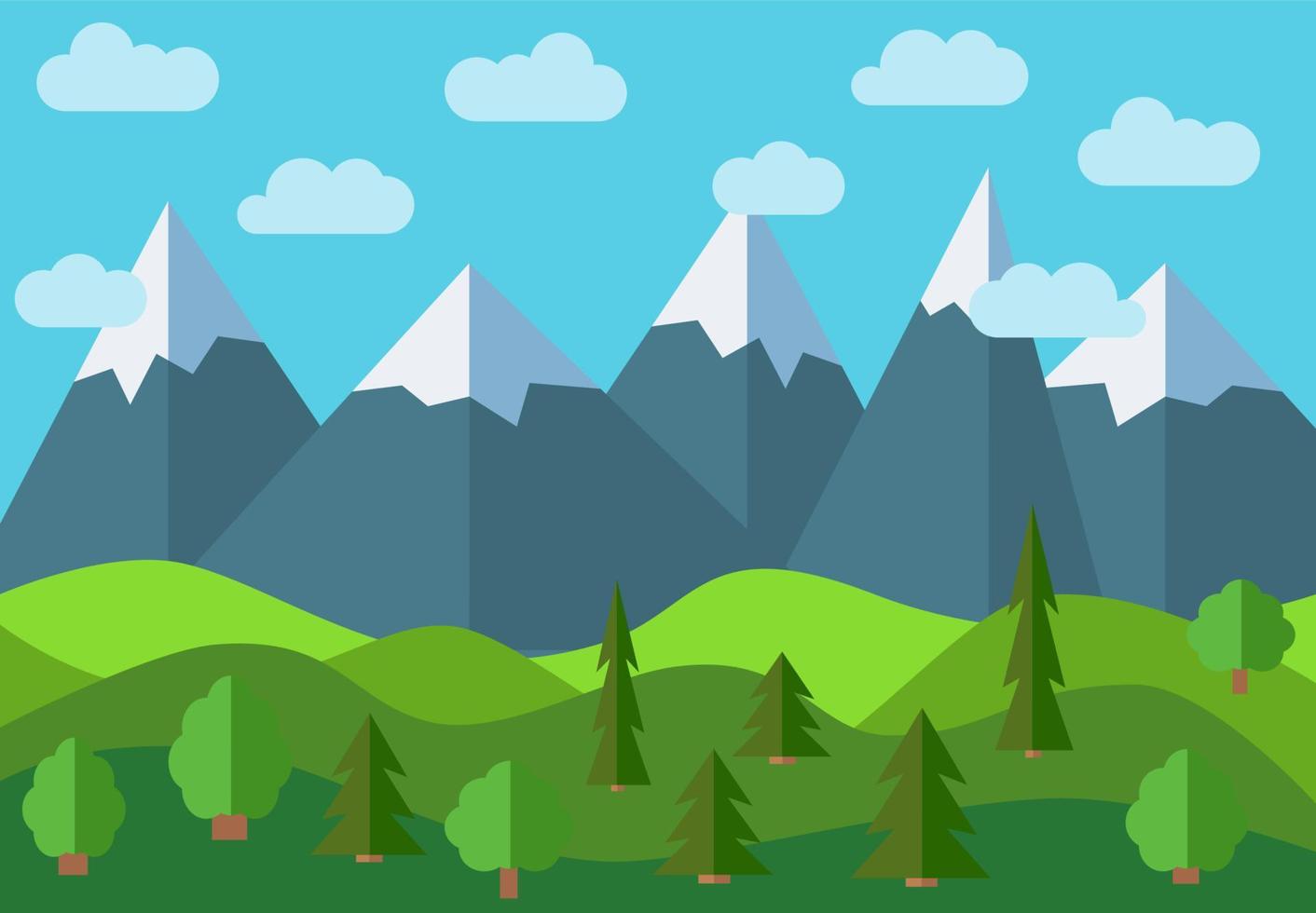 paisaje de dibujos animados de montaña panorámica vectorial. paisaje natural de estilo plano con cielo azul, nubes, árboles, colinas y montañas con nieve en los picos. vector