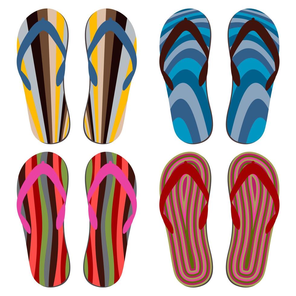 Set of Beach Slippers. Colorful Summer Flip Flops Over White Background. vector