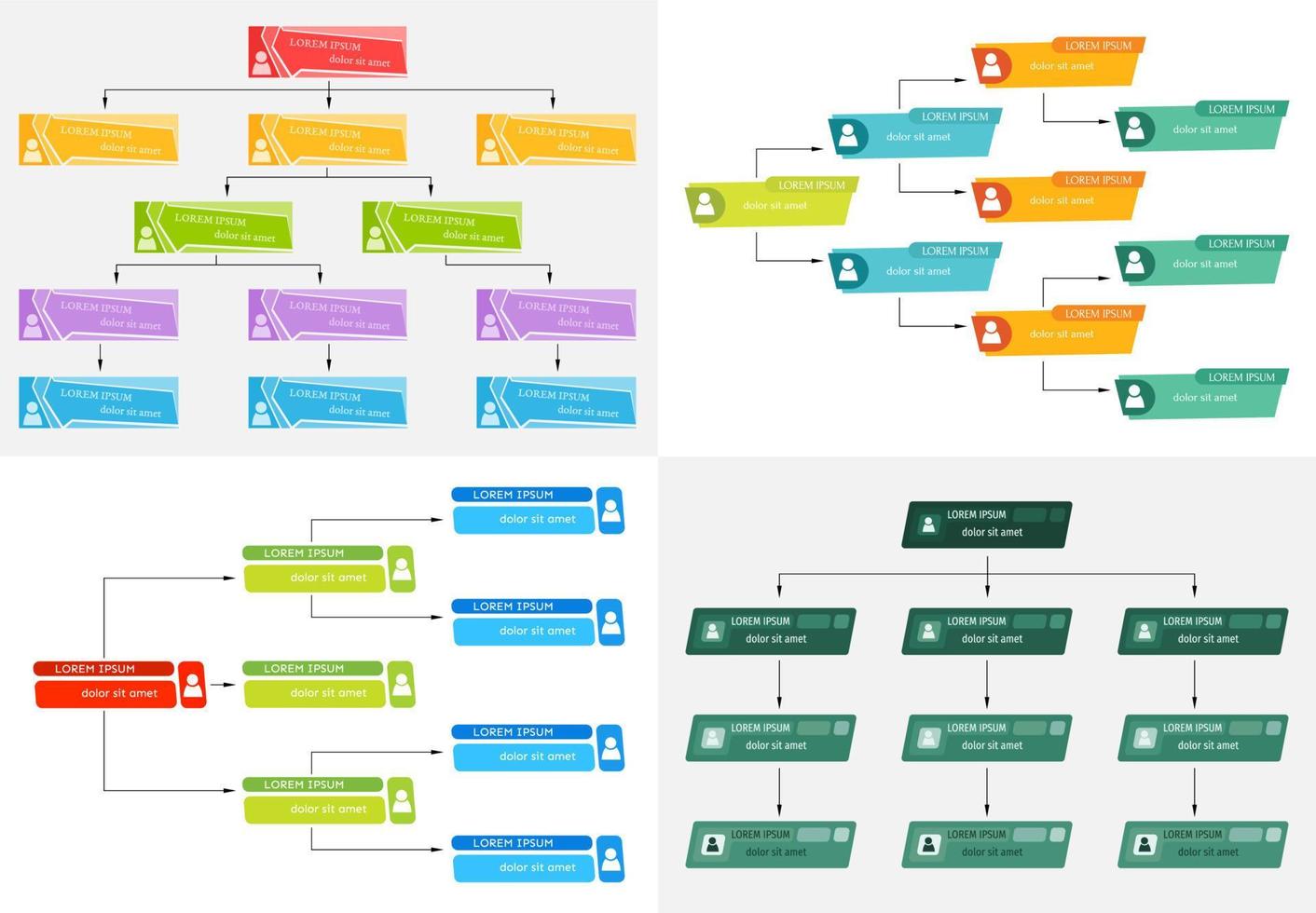 Set of four colorful business structure concept, corporate organization chart scheme with people icons. Vector illustration.