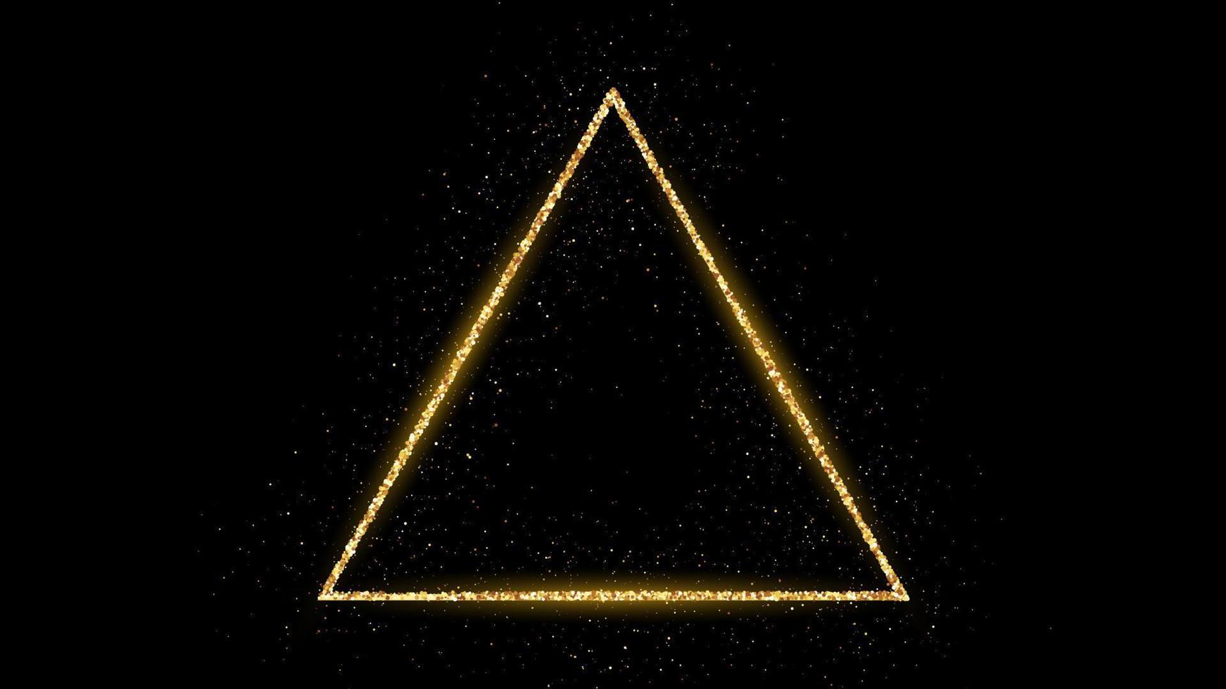 Golden triangle frame with glitter, sparkles and flares on dark background. Empty luxury backdrop. Vector illustration.