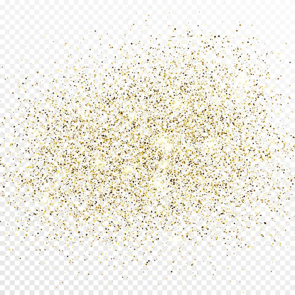 Gold glitter confetti backdrop isolated on white transparent background. Celebratory texture with shining light effect. Vector illustration.