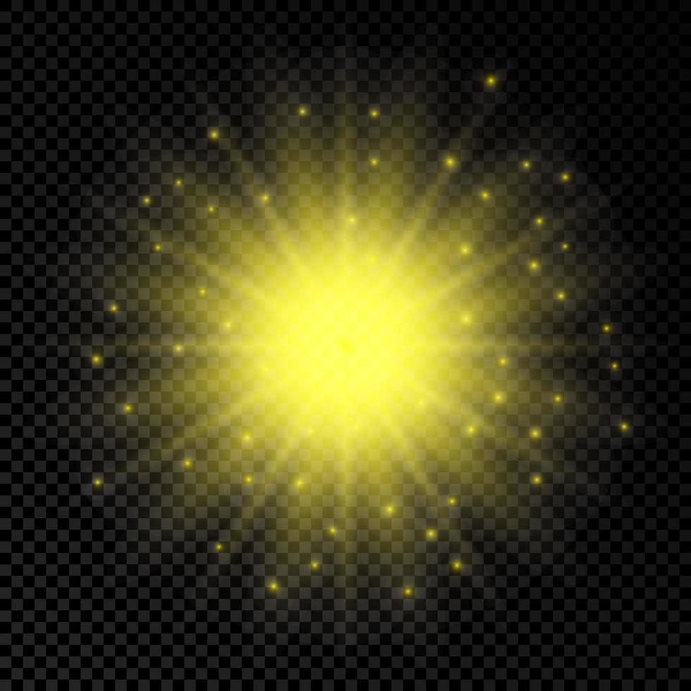 Light effect of lens flares. Yellow glowing lights starburst effects with sparkles on a transparent background. Vector illustration