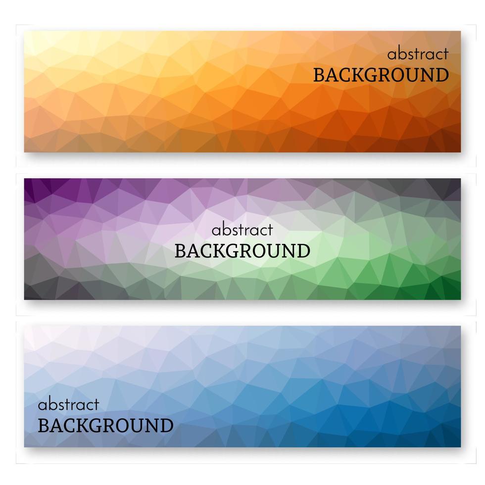 Set of three multi colored banners in low poly art style. Background with place for your text. Vector illustration