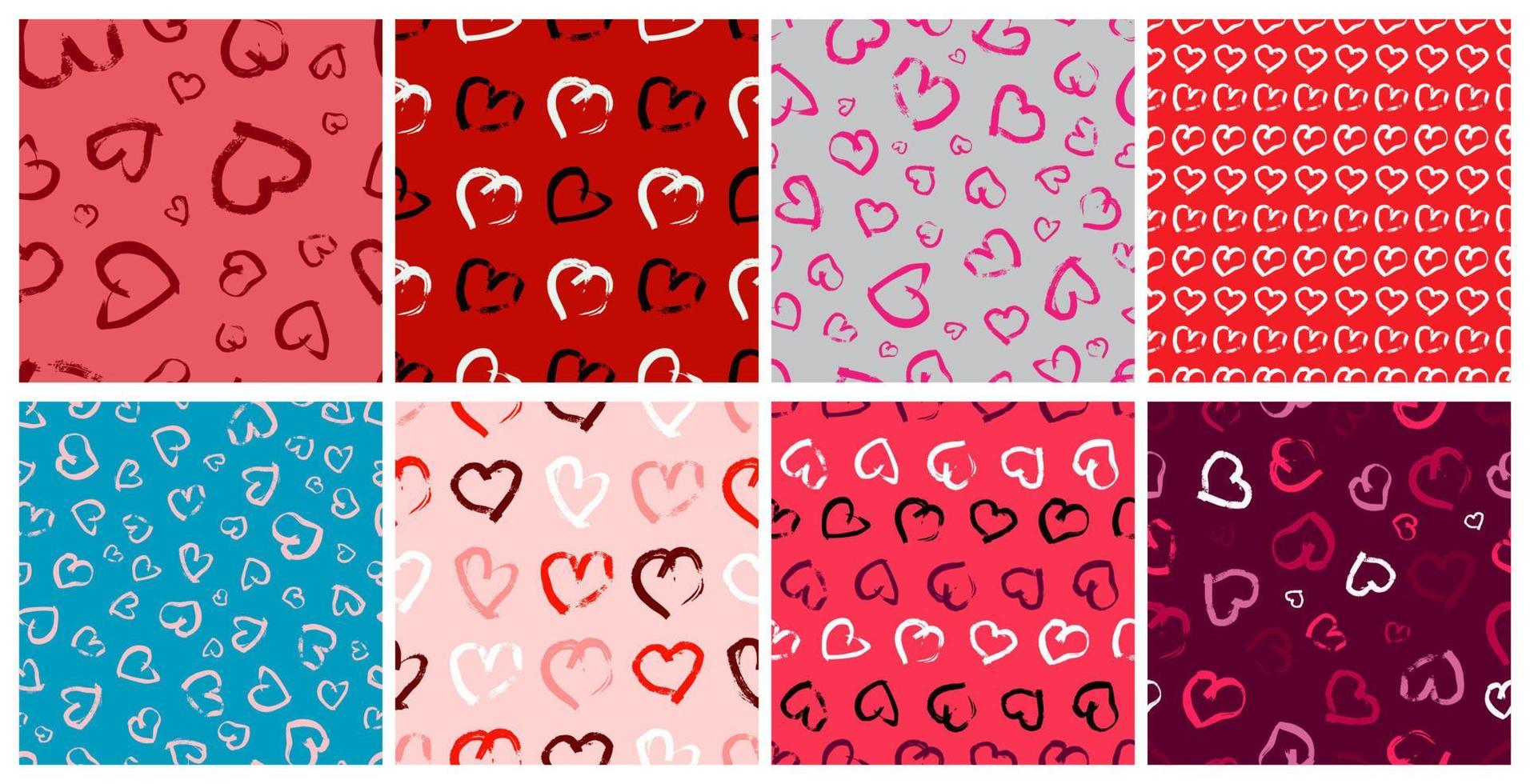Set of eight seamless pattern with hand drawn hearts. Doodle grunge heart. Vector illustration.
