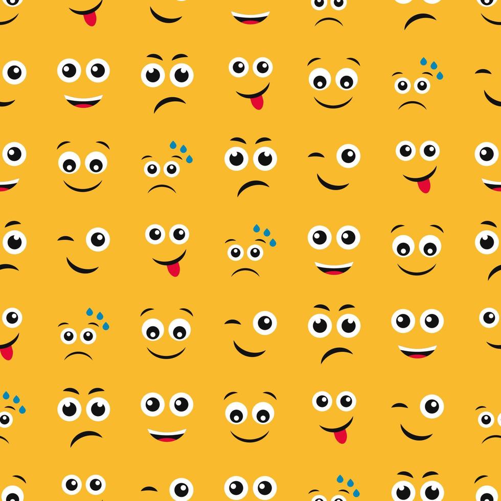 Cartoon faces with emotions. Seamless pattern with different emoticons on yellow background. Vector illustration