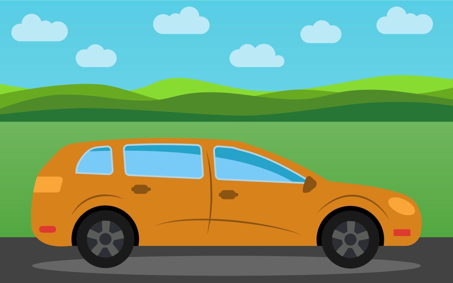 Yellow car in the background of nature landscape in the daytime. Vector illustration.