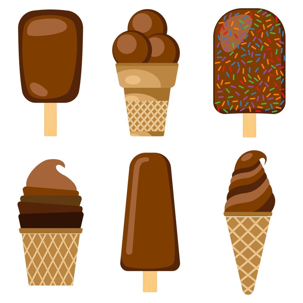 Set of vector illustration of chocolate ice cream. Chocolate ice cream on a wooden stick and in a waffle cup