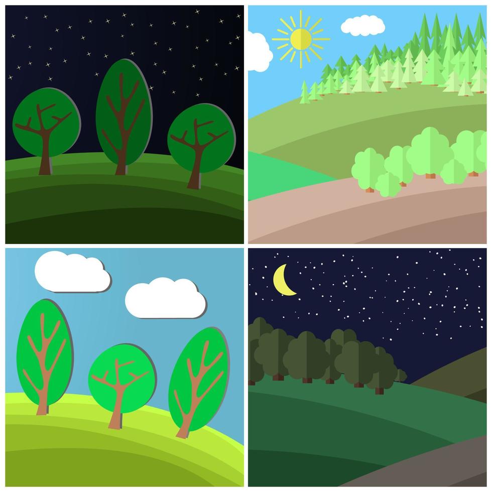 conjunto de paisaje de verano. día y noche en un claro del bosque. ilustración vectorial de dibujos animados. vector