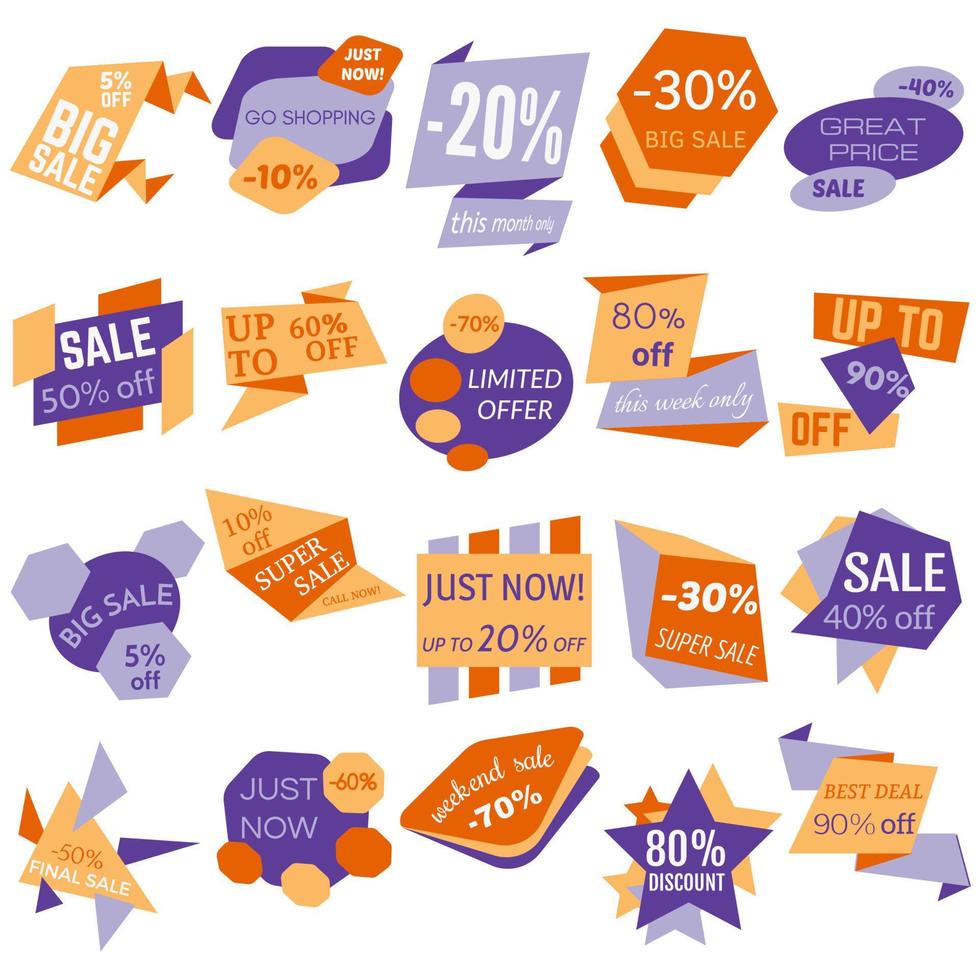 Set of Sale Discount Labels, Tags, Emblems. Web collection of stickers and badges for sale. Isolated vector illustration.