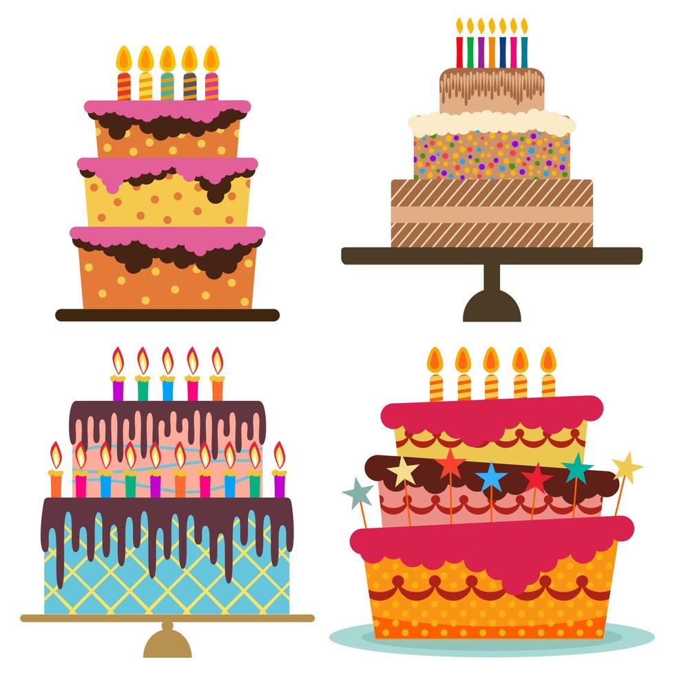 conjunto de cuatro dulce cumpleaños pastel con ardiente velas vistoso fiesta postre. vector celebracion antecedentes.