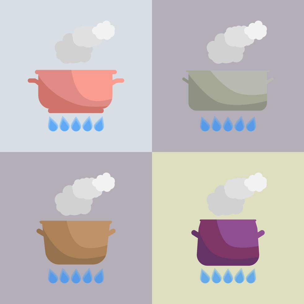 Set of boiling pot on the gas. Kitchen utensils. Vector Illustration.