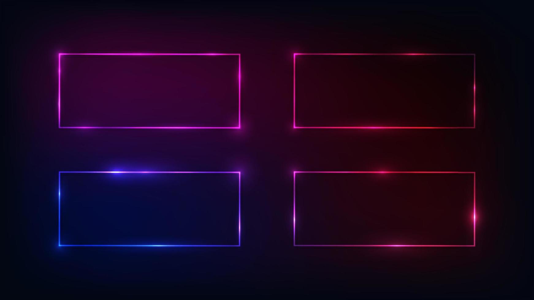 Set of four neon rectangular frames with shining effects on dark background. Empty glowing techno backdrop. Vector illustration.