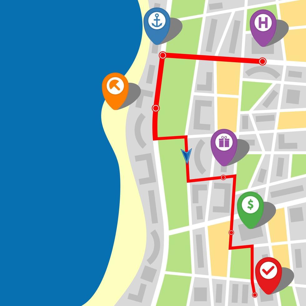 City map of an imaginary city with a sea and multi-stop route. Vector illustration.