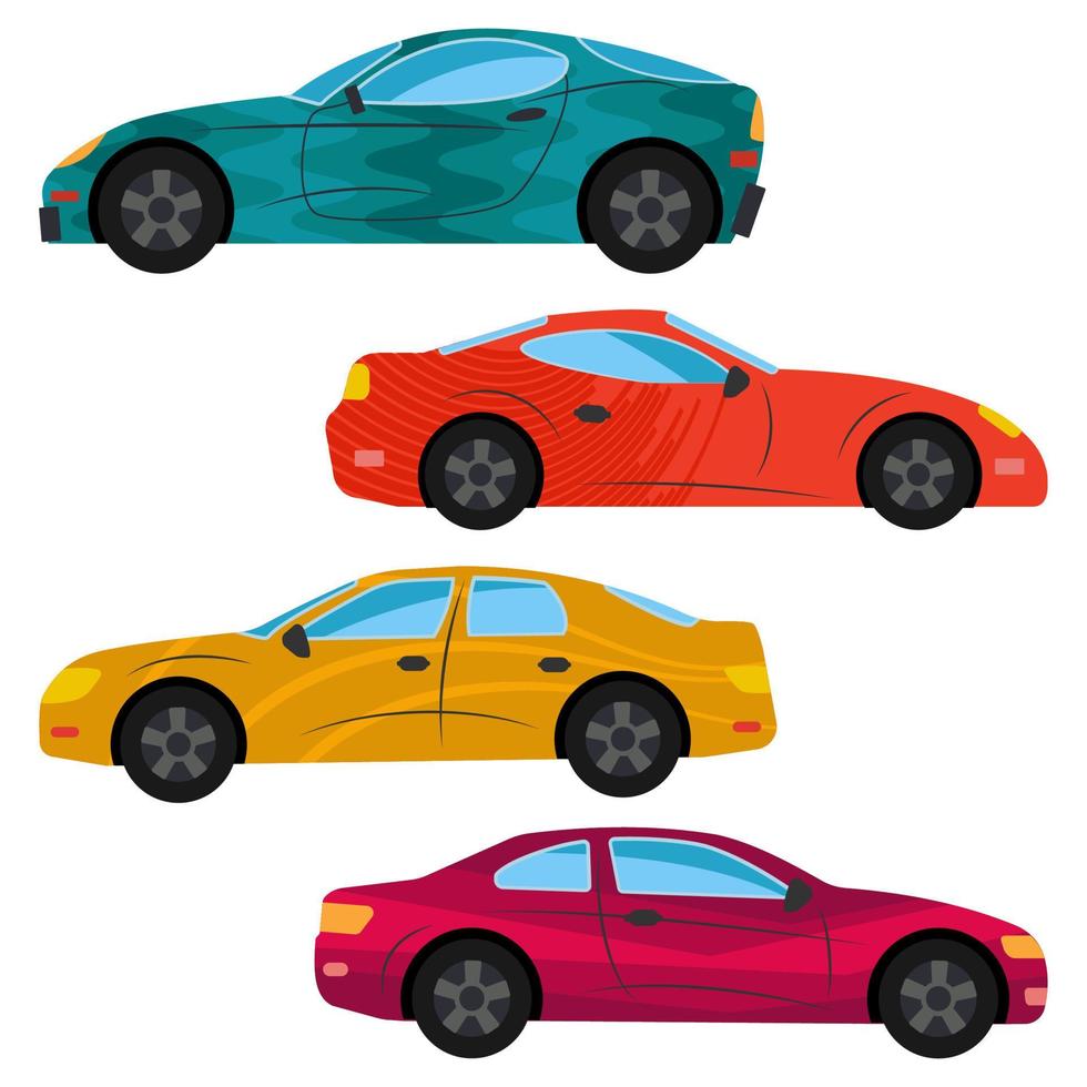 un conjunto de cuatro coches pintados en diferentes colores. ilustración vectorial vector