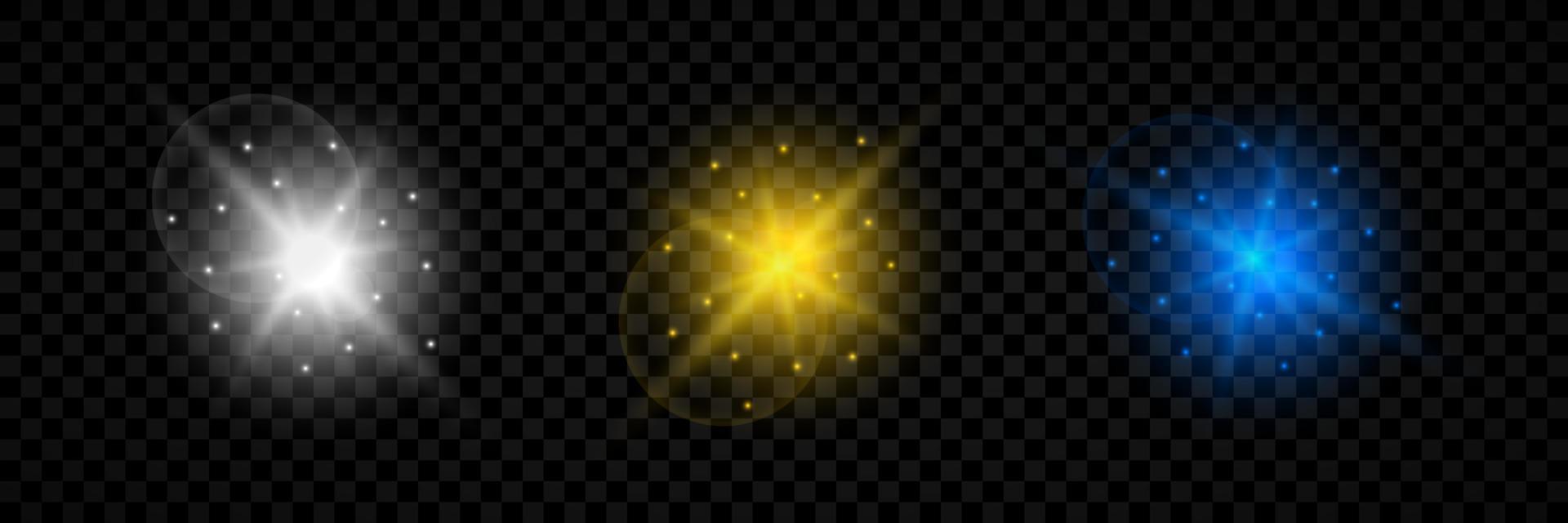 Light effect of lens flares. Set of three white, yellow and blue glowing lights starburst effects with sparkles vector