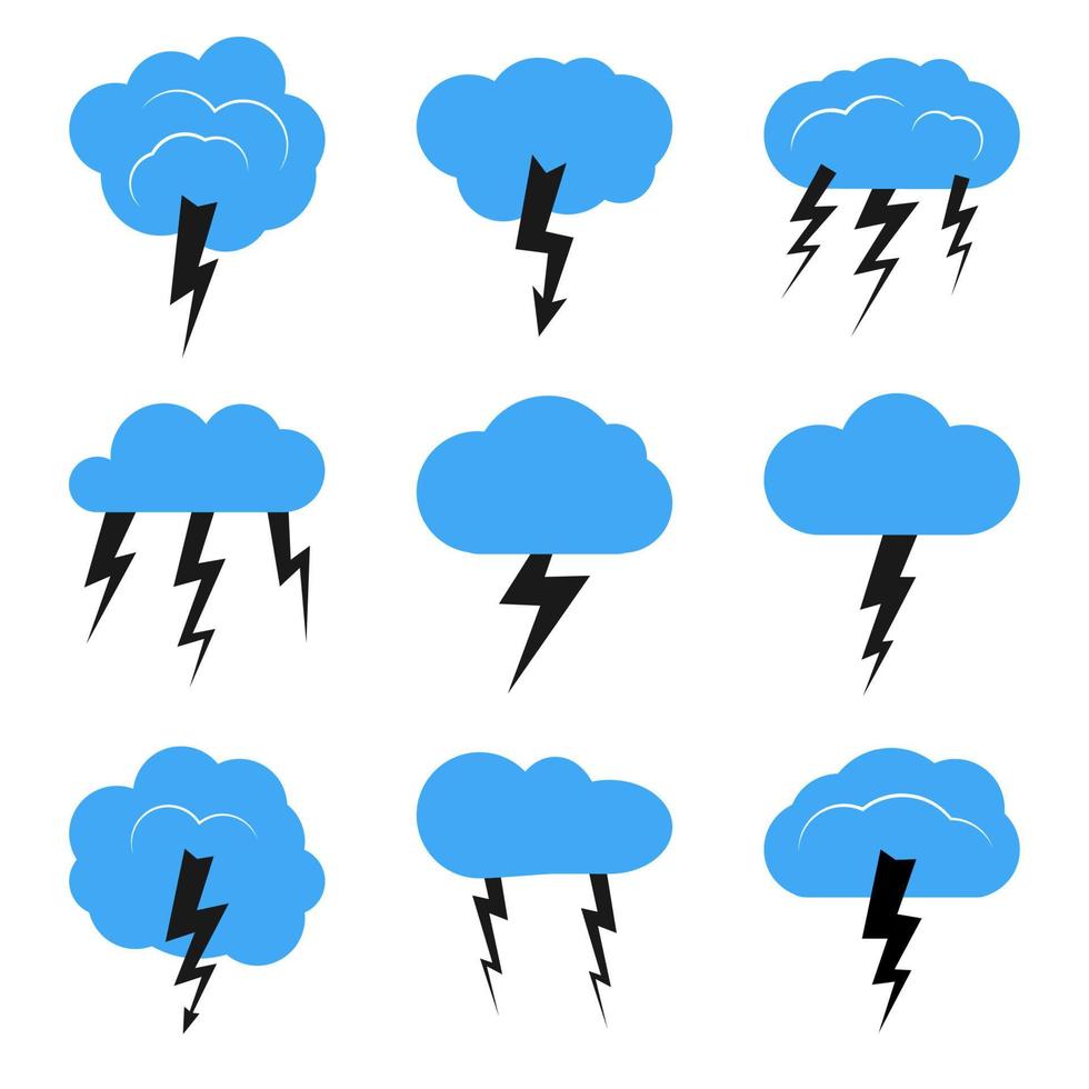 Set of nine clouds with a thunderstorm. Vector illustration.