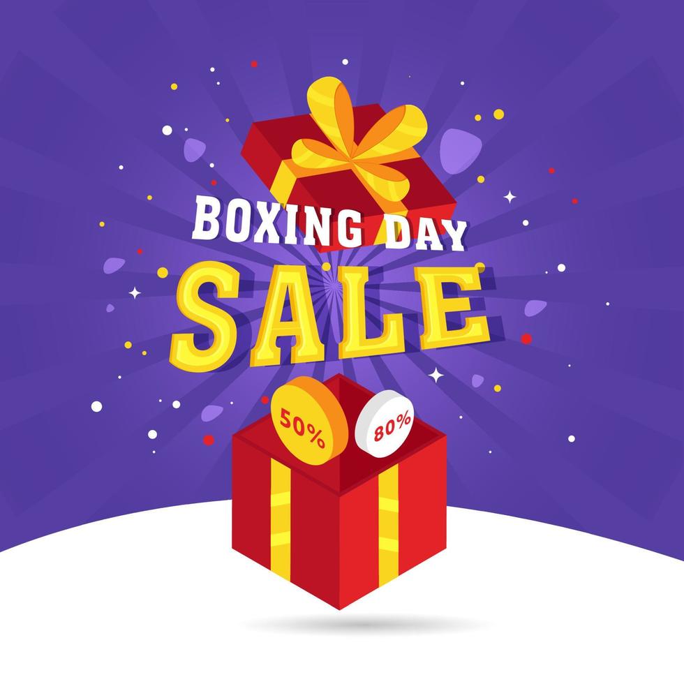 Boxing Day Sale Text With Surprise Gift Box And Best Discount Offers On White And Purple Background. Advertising Poster Design. vector