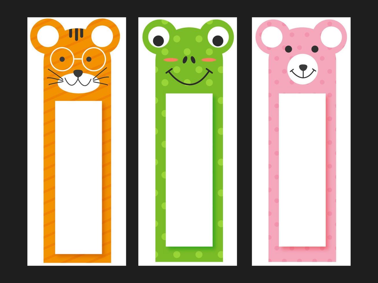 Printable Bookmarks of Cartoon Cat, Frog, Bear with Space For Message. vector